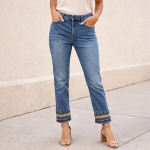 Driftwood Colette womens Jeans sz 28 Boho Embroidered Cuff Stretch Denim Ankle